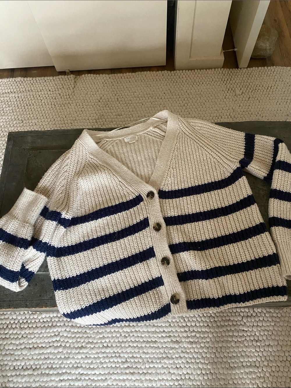 Caslon Cream and Navy Striped V-Neck Button Cardigan
